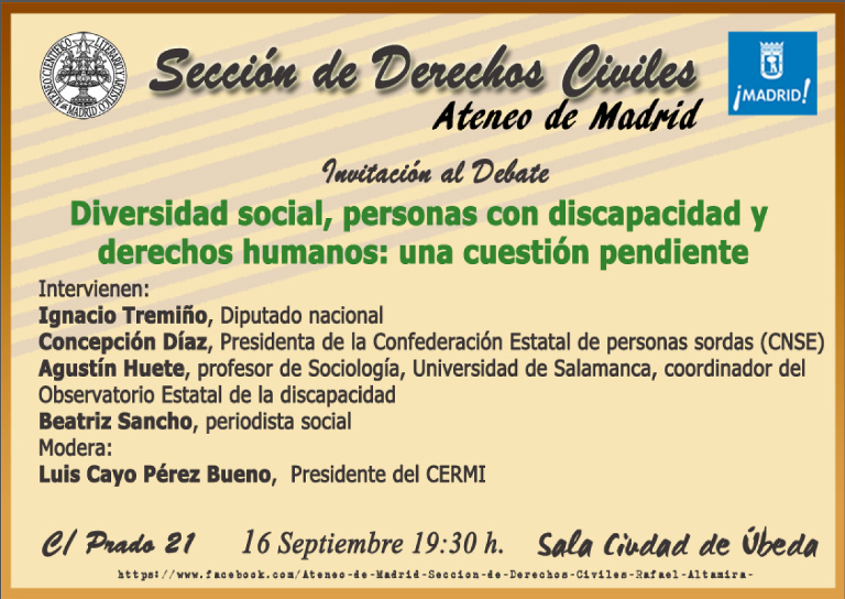 Imagen de la invitación al Ateneo para el debata: 'Diversidad, derechos humanos y personas con discapacidad: una cuestión pendiente'