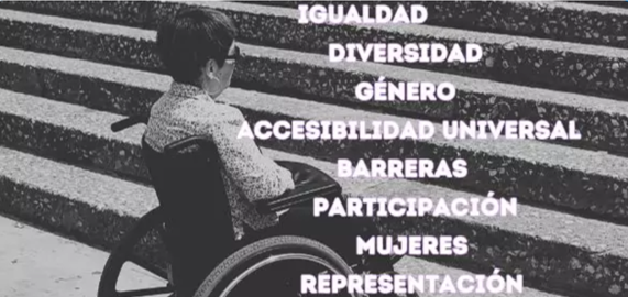 Imagen de una mujer usuaria silla ruedas mirando de fondo unas escaleras. A la derecha aparece unas palabras sueltas como igualdad diversidad género, accesibilidad, barreras, participación Mujeres representación...